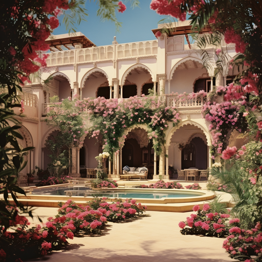 1. תמונה המציגה את החצר השופעת של מלון אמריקן קולוני, עם קשתות אבן ופרחים פורחים.
