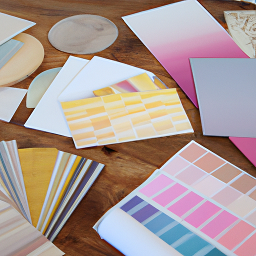 1. מערך של דוגמאות טפטים ודוגמיות צבע שונות המונחות על שולחן.