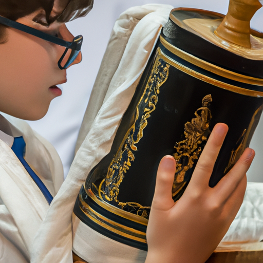תצלום של נער יהודי קורא מהתורה במהלך טקס בר המצווה שלו