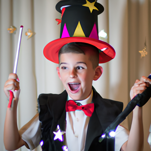 ילד יום הולדת נרגש חובש כובע קוסם ומחזיק שרביט קסמים