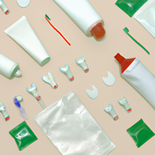 מונטאז' תמונות של מוצרי טיפוח שיניים שונים למניעת עששת