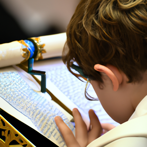 1. תצלום של נער צעיר קורא מהתורה במהלך טקס בר המצווה שלו.